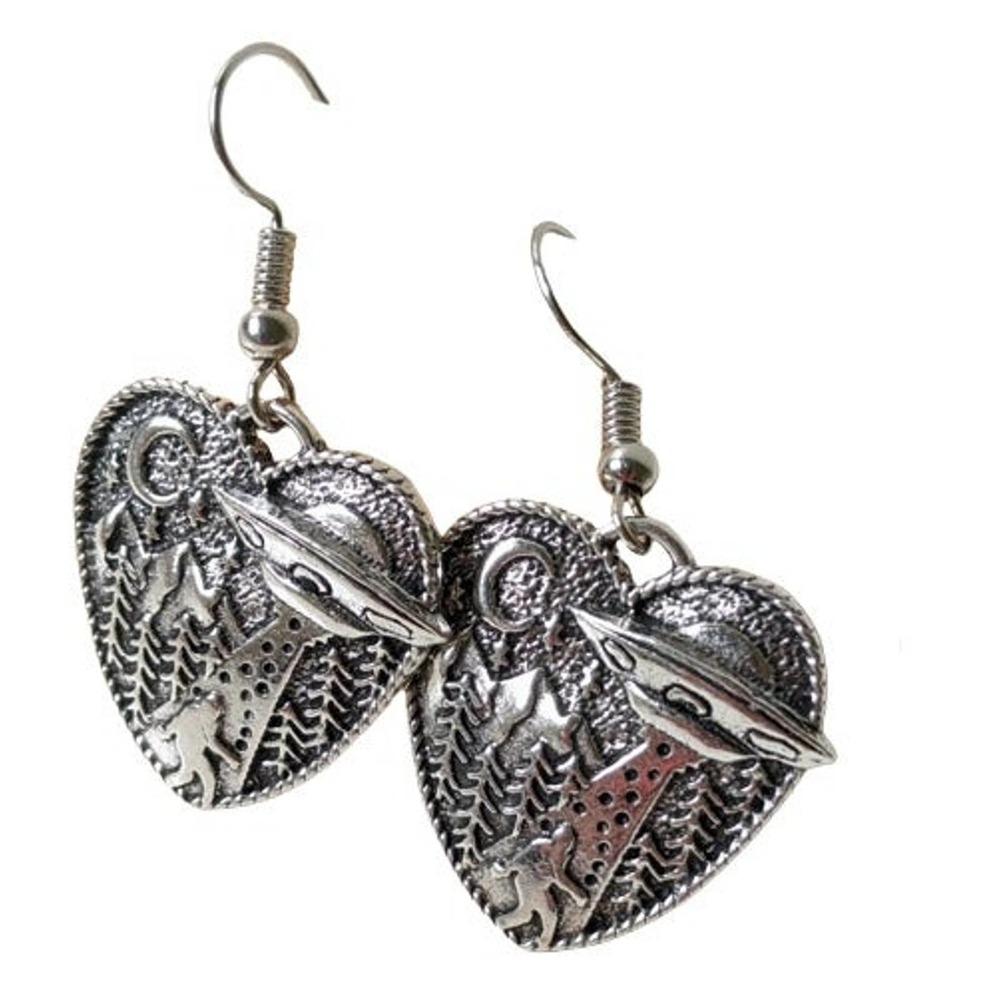 4/$20 Bigfoot yeti sasquatch abducted UFO Heart Love Silver tone earrings